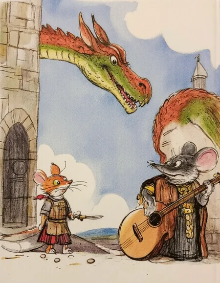 <lora:suteev:1>, <lora:chzcat:0.4>, This image is a detailed digital drawing in a whimsical, cartoon style. The scene depicts a medieval fantasy setting, featuring a large, majestic dragon and two anthropomorphic characters. The dragon is a fierce, red-and-green creature with large, sharp teeth, a long snout, and menacing eyes. It stands tall, with a muscular, scaly body, and is positioned slightly to the left of the image, occupying most of the background., 
In the foreground, to the right, stands a gray mouse dressed in medieval attire, complete with a red scarf and a brown, leather-like tunic. The mouse is holding an acoustic guitar, strumming it with one paw while the other rests on its hip. The mouse has a friendly, confident expression, and its eyes are wide and expressive., 
In the center of the image, a small, orange and white cat dressed in medieval armor stands on two legs, looking up at the dragon with a curious, slightly fearful expression. The cat is wearing a brown, metal breastplate and a red sash around its waist. It has a small, pointed sword at its side., 
The background features a stone archway with a clear blue sky and fluffy clouds above, suggesting an outdoor location. The overall mood is light-hearted and humorous
