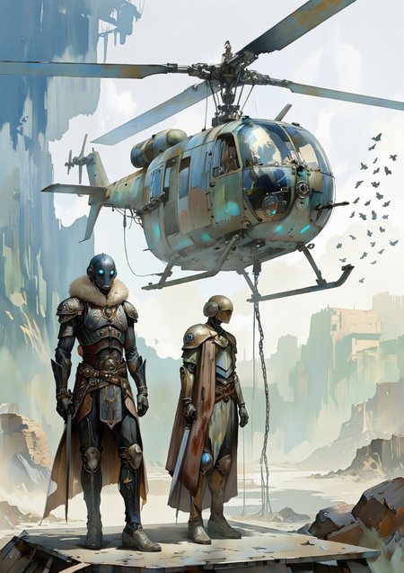 Ablatamahota style. A digital illustration shoot from the side about two humanoid robots standing on a platform in front of a futuristic helicopter in a dusty, dusty landscape with birds flying around. the scene is set in a post-apocalyptic wasteland with a mix of blue and green hues, reminiscent of steampunk and sci-fi elements. on the left side of the image, a humanoid robot appears to be standing with a sword in hand, wearing a dark, ornate outfit with intricate details and a fur-lined cloak, while on the right side, another humanoid robot stands with a similar outfit, also wearing armor and holding a sword. both robots have glowing blue eyes and are facing the same direction. in the background, a large, metallic helicopter is hovering above them, with a chain attached to its rotor blades, suspended in mid-air, and a flock of birds flying in the sky. the overall color palette is muted, with shades of blue, green, and beige, giving the scene a sense of depth and mystery.