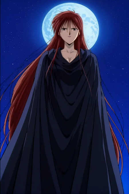 anime screencap, anime coloring, detailed face, masterpiece, best quality, absurdres, official style, amazing quality highres, amazing quality, scenery, beautiful detailed hair, beautiful detailed eyes,
anime coloring, anime screencap, detailed face,
 <lora:Soi_Fushigi_Yuugi:1>
retro artstyle,1990s (style), 
Soi cloak outfit, Soi (character), 1girl, solo, moon, long hair, night, full moon, red hair, sky, star (sky), night sky, very long hair, cleavage, starry sky, cloak, breasts, confident smile, low angle, looking down at the viewer, magenta hair,