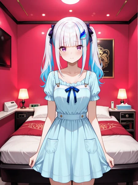 score_9, score_8_up, score_7_up, source_anime,masterpiece, best quality,amazing quality, highest score, absurdres,16k, 8k, 4k, very aesthetic, aidmaimageupgrader, illustriousanime,
1girl, blush, solo_focus,

lize helesta,nijilize,medium breasts,purple eye,white hair,blue hair,multicolored hair,two-tone hair,colored inner hair,streaked hair,long hair,blunt bangs,hair ornamnet,standing,shy,straight-on,

lovehotel, couch, indoors, pillow, lamp, carpet, bed, love hotel, 
scenery, indoors, bed, pillow, blanket, LHbedpanel, glowing, phone, tissue box, ceiling light, table, couch, pink light,neon light,
Redroom, leather wall, Red pillow, leather pillow ,