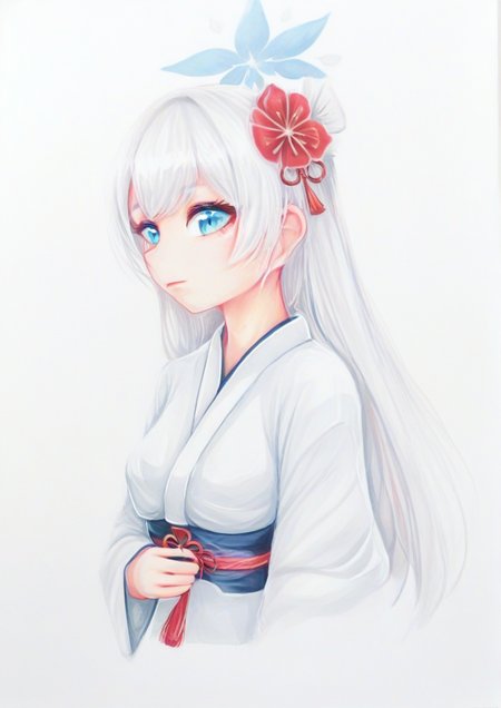 1girl,blue eyes, flag, from side, hair ornament, imperial japanese navy, japanese clothes, japanese flag, kimono, letterboxed, long hair, looking to the side, rising sun flag, solo, sunburst, upper body, white hair, white kimono zPDXL3 <lora:SEVATSU:1>