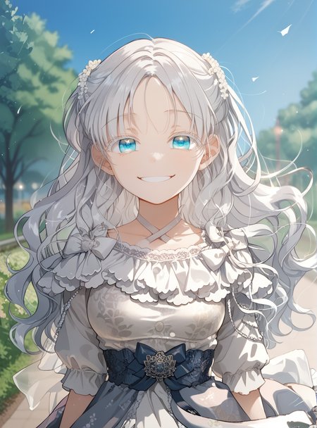 score_9_up, score_8_up, score_7_up, (Anime_source), 1girl, smile, in park , looking at viewer, facing viewer, dress, <lora:Aisha_Del_Elmir_-_Into_the_Light_Once_Again:1> aisha del elmir, 1girl, blue eyes, white hair, long hair, medium breasts, white eyeslash, parted bangs, 