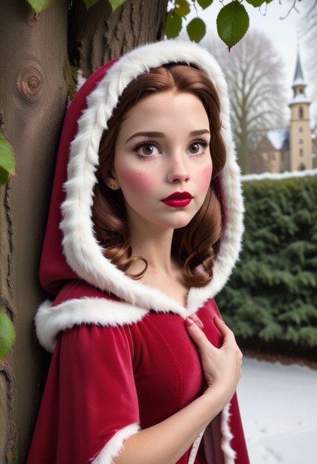 Raw photo, original style, very detailed face features,  Belle, behind a tree, removing her hood, rose dress, red cape, fluffy white fur edges