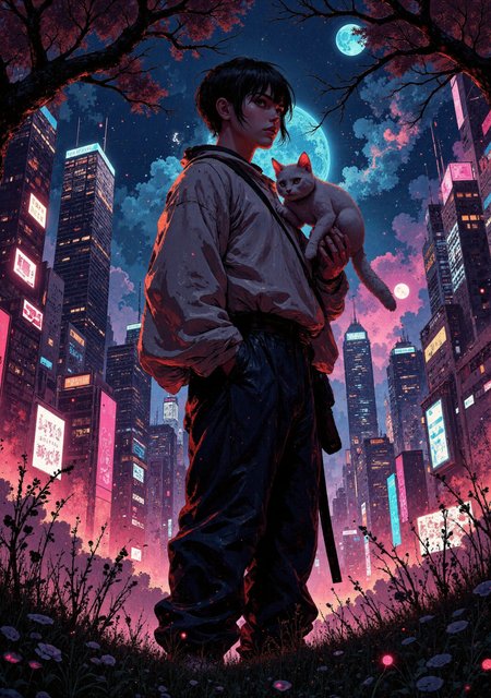 A large and detailed anime illustration of a boy with a cat on his shoulder, standing in front of a large Japanese cyberpunk city, dotted with many neon lights. He is dressed in simple clothes, consistent with the cyberpunk style, with lines on some areas of his skin connecting barely noticeable implants. A white cat with one metal ear sits contentedly on his shoulder. They are standing on the rare patch of land where there is still grass and an old tree, while in the distance you can see endless neon skyscrapers, their tall spires reaching into the night sky.

((volumetric lighting, aesthetic design, dramatic angle, cinematic framing, posing at an angle)), (((unique artistic composition))), тmaximum image detail, glow, shining, intricate cinematic background, ((beautiful face, detailed eyes, natural emotions, fullbody)),, neonpunk style {prompt} . cyberpunk, vaporwave, neon, vibes, vibrant, stunningly beautiful, crisp, detailed, sleek, ultramodern, magenta highlights, dark purple shadows, high contrast, cinematic, ultra detailed, intricate, professional