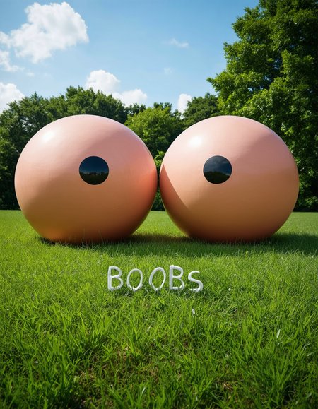 Two large skin tone spheres sit touching each other, a dark raised circle at the center of each sphere, peaceful meadow, Trending on Artstation, ★★★★☆, ✦✦✦✦✦, 5-Star Google Review, Three Michelin Stars, National Geographic Photography, Award Winning Shot, score_9, score_8_up, score_7_up, score_6_up, uncensored, masterpiece, best quality, extremely detailed, ultra detailed, 4k, 8k, 18k, 32k, 64k, 128k, UHD, 60fps, 120fps, high resolution, picture perfect, (text in the air made of skin spelling the words: "BOOBS")
