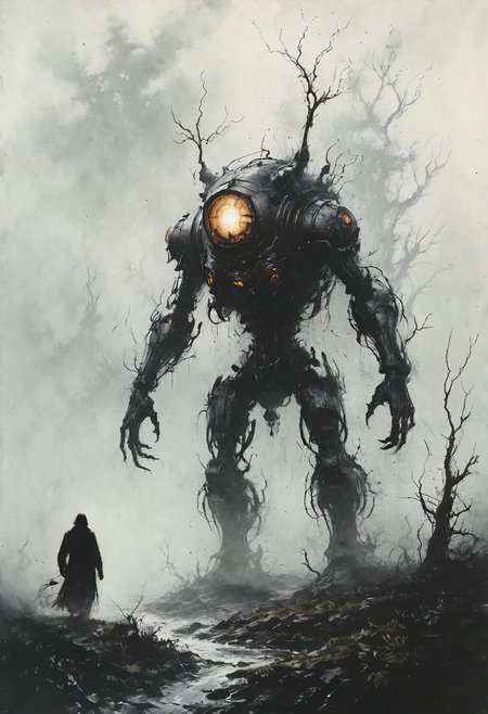 (masterpiece, best quality, hyper detailed, ultra realistic, 32k, RAW photo), masterful painting in the style of Anders Zorn | Marco Mazzoni | Yuri Ivanovich, Todd McFarlane, oil on canvas, perfect composition and chiaroscuro by Rembrandt, concept art by Mariusz Lewandowski, by Louis Aston Knight, by Karine Eibatova, by John Howe, by Jessica Rossier, by JarosÅaw JaÅnikowski, by Inessa Garmash, by HenriÃ«tte Ronner-Knip, by Harumi Hironaka,famous artwork inspired by (bioshock:1.1) and (abzu:1.2) and (john constable:1.2) and (anato finnstark:1.3) and (jean-francois millet:1.1) and (thomas baxa:1.2), crystalline, fractal art, fantasy style, this peculiar life form, the "nutty spitjumper" hides in the vorbeling dense crystal jungles of the bordyleggered exoplanet "spockbold ix", covered in a metallic exoskeleton it ambushes its prey with (long crystalline appendages:1.3) <lora:Desolation:0.8> <lora:add-detail-xl:0.8>