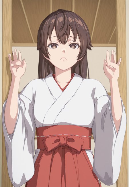 Masterpiece, best quality, ultra-detailed, expressive, Japanese temple background, anime, anime, anime, anime, 1girl, Yuki, solo, brown hair, brown eyes, small breasts, jyojifuku,miko,red hakama