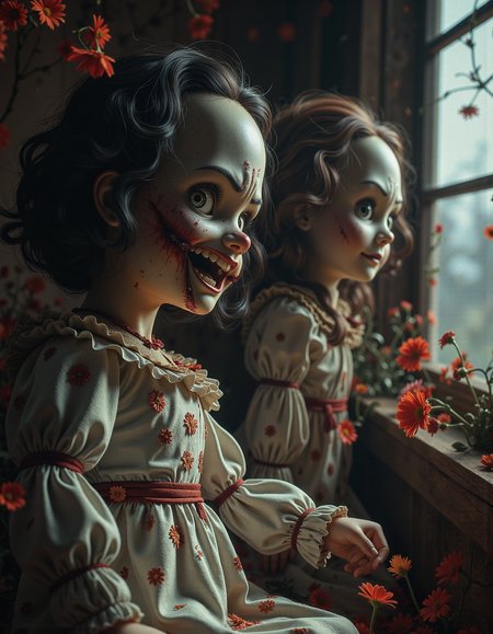 Halloween themed, dark creepy porcelain dolls lurking in the shadows, tattered and broken <lora:sxz-Dark-Fantasy-v2-Flux:0.8> drkfnts style, <lora:Cute_3d_Cartoon_Flux:.4>