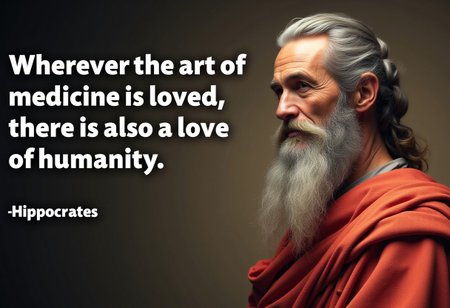 Background text “Wherever the art of medicine is loved, there is also a love for humanity.” by hippocrates, image shows hippocrates a man with long beard and kind demeanor, text focus