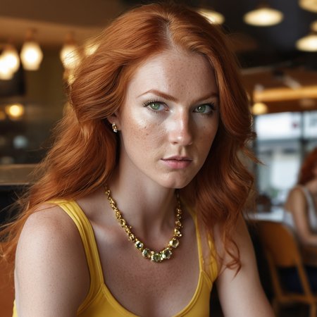 score_9,score_8_up,score_7_up,realistic,FiadhRose01,a fit red hair,green eyes,irish nationality,as a ((rockstar)) with ((long hair)) wearing (clothes adorned with shimmering jewels or crystals),dressed in yellow crop top,yellow skirt,white high heels,gold necklace,tennis court,hard surface,painted lines,no other people,sitting down,slightly leaning forward,facing camera,close-up shot,three-quarter view,shallow depth of field,at a cafe,accent lighting,masterpiece,volumetric lighting,ice,(intricate skin detail:1.3),(wrinkles:1.2),(skin blemishes:1.1),(skin pores:1.1),(detailed face:1.3),(lips slightly parted:1.0)   ,