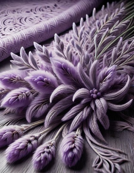 The very Remarkable art is inspired by Vamberk Lace of a (Lavender:1.1) , made out of ral-vcnafbrc <lora:ral-vcnafbrc-sdxl:0.85>, glossy, highly color focused, dynamic composition, illustrious quality, highly detailed, winning, ambient background, sunny, full color