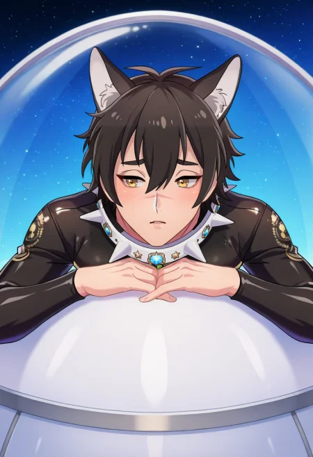 masterpiece, best quality, intricate details, anime screencap, anime coloring, , , , 1boy, solo, male focus, <lora:garu_nu_carnival_ilxl:1>, garu_nu_carnival, black hair, yellow eyes, short hair, animal ears, scar, hair between eyes, spiked collar, wolf boy, wolf ears, , space garden, star view, hydroponic beds, observation dome, tending pose, peaceful expression, space lighting, biker costume