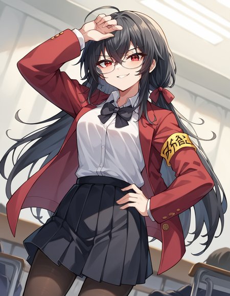 score_9, score_8_up, score_7_up, source_anime, <lora:azurlane-taihou-ponyxl-lora-nochekaiser:1>, taihou, red eyes, black hair, bangs, crossed bangs, ahoge, very long hair, sidelocks,, armband, bespectacled, black bow, blak bowtie, black skirt, bowtie, collared shirt, glasses, jacket, long sleeves, open clothes, open jacket, pantyhose, pleated skirt, red jacket, school uniform, shirt, skirt, white shirt, yellow armband, courtroom, judge, witness stand, audience, formality, , smug, hands on own hip,, looking at viewer, solo,, dutch angle, cowboy shot