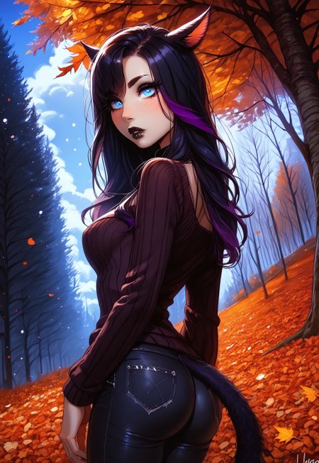 safe_pos, score_9,score_8_up,score_7_up,score_6_up, Goth girl 1girl, Goth girl, miqo'te, FemmeMiq, cat girl, cat ears, animal ears, animal ear fluff, ((long black hair with purple highlights and bangs)), bangs, freckles,  bold makeup, black lips, dark eyeshadow, long eyelashes, black eyeliner, ((large expressive blue eyes)), hourglass figure, medium breast, perky breast, perfect round ass, long eyelashes, dark pupils, high contrast shadows, high res image, masterpiece, dynamic shot, <lora:Expressive_H:0.65>, <lora:incase-ilff-v3-4:0.5> <lora:g0th1cPXL:0.45>, <lora:princess_pony_v1:0.1> <lora:Branwen_QBR:0.7>, high gradient eyes, eyesHD, dynamic pose, dynamic, detailed eyes, high definition eyes, amazing quality, wallpaper, ((dark purple long sweater)), ((black jeans)), autumnforrestmb, autumn, forest, tree, nature, outdoors, Autumn leaves, Scenery,