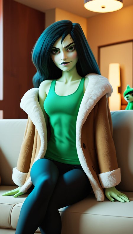 zPDXL3, <lora:FurCoat:.6>brown coat, fur coat, plush texture,
shego, green eyes, long black hair, colored skin, green tank top, black leggings, off shoulder, looking at viewer, serious, smiling, sitting, on couch, inside cozy living room, <lora:ShegoPony1.0:.8>