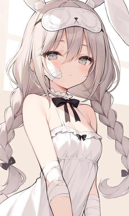 1girl, sensitive, solo, long hair, breasts, looking at viewer, dress, animal ears, hair between eyes, bare shoulders, twintails, tail, upper body, grey hair, braid, small breasts, sleeveless, white dress, rabbit ears, twin braids, grey eyes, sleeveless dress, bandages, bandaged arm, sleep mask