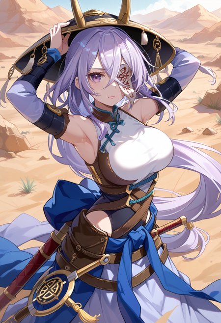(score_9:0.9),score_8_up,score_7_up,rating_safe,anime style,(zPDXL),(zPDXL3),<lora:The Iris Swordsoul ponyXL v1.1:0.73>,purple eyes,light purple hair,fleurdelis,the iris swordsoul,1girl,solo,horn jingasa,large breasts,looking at viewer,red eyes,ofuda,white leotard,blue detached sleeves,closed mouth,one eye covered,blue long skirt,desert, arms_up