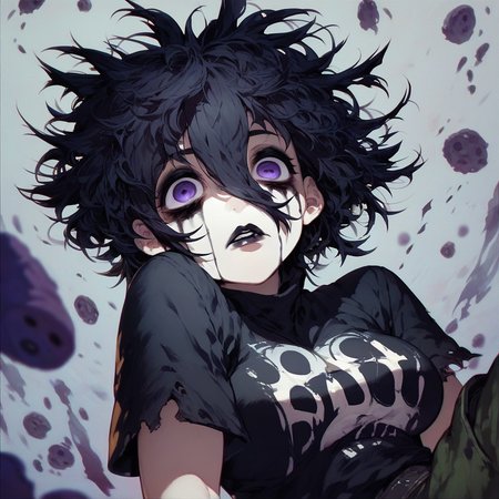 score_9, score_8_up, score_7_up, score_6_up, score_5_up, PoP Style, 1girl, large breasts, short hair, messy hair, black hair, hair between eyes, dead eyes, soulless eyes, purple eyes, goth makeup, black lipstick, shirt, short sleeves, cargo pants, boots