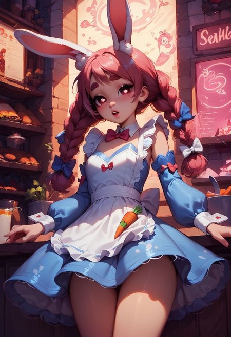 score_9, score_8_up, score_7_up, 
 a sweet and innocent girl with a face that exudes cuteness and charm, her petite frame adorned in a snug mini dress made of soft, fluffy fur. pekomamadef, thick eyebrows, bunny-shaped pupils, rabbit ears, animal ear fluff, apron, dress, detached sleeves, bow, carrot hair ornament, read description, Expressiveh, g0thicPXL, glowing, neon,