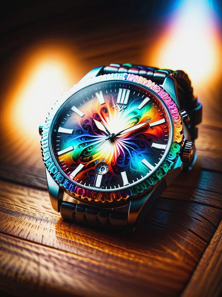 close-up of colorful mad-frctl watch lying on wooden table, light rays, cinematic shot, great lighting  <lora:Colorful_Fractal_SDXL:1>, (masterpiece:1.2), best quality