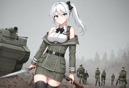 Best quality,ultra Hd, war zone ambience,short skirt,source anime, hammer and sickle cross symbol on red flag,game CG,battle style thigh high sock, smooth skin, soft medium round breast,glowing body,nice blue eye, very long light white hair girl,side ponytail with ribbon bow tie, black & white elegant Soviet army winter outfit, outdoor,bare shoulder,waifu material, very sour face, hand hold SVD riffle , lawfull  girl,  serious vibes, she with upset face with  position to fire ,pointing gun at enemy,arctic cycle front,under heavy enemy concentrate fire, Trench 
with barbwire background,bottle of Vodka,sit on Trench with return fire,bullet casing, Blizzard ,pout face,cold looking eye, soldier in defense Trench formation,Trench warfare,T 62 tank ,ussr,with red flag,слава России