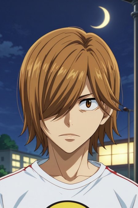score_9, score_8_up, score_7_up, source_anime, rating_safe, intricate details, anime screencap, anime coloring, official style, , depth of field, 1boy, solo, male focus, <lora:hajime_aoyagi_pony:0.96>, hajime_aoyagi, brown hair, brown eyes, hair over one eye, upper body, fuji mountain, night, crescent moon, legs up, expressionless, , <lora:sdxl_lightning_8step_lora:1>