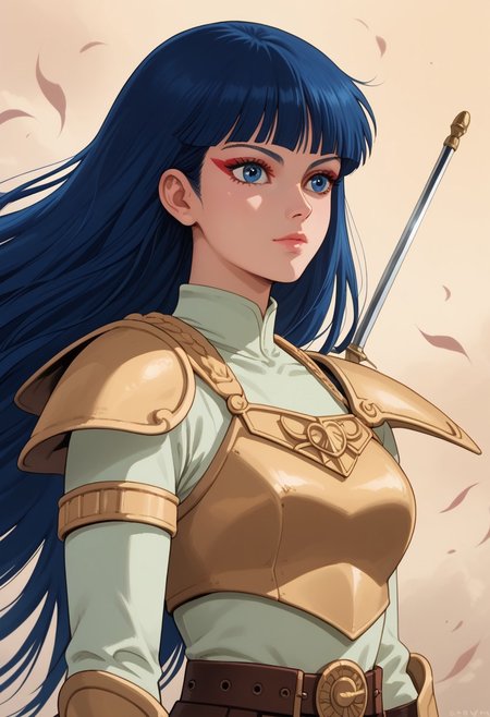 score_9, score_8_up, score_7_up, realistic, ladykayura, kayura, ronin warriors, solo, 1girl, retro, blue hair, 1980s (style), bangs, long hair, blue eyes, portrait, makeup, armor, shoulder armor, gloves, swords