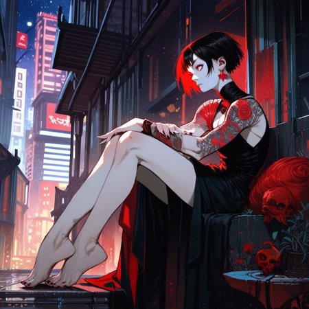 score_9, score_8_up, score_7_up, score_6_up, score_5_up, score_4_up, zPDXL2, 1girl, solo, pale skin, red eyes, black hair, short hair, bangs, cleavage, earrings, legs, feet, mid drift, city, night, stars, sitting, sleeveless, arm tattoos,