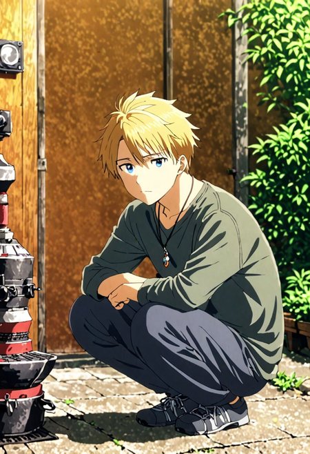 high resolution, solo, best quality, 1Boy, Yamato Ishida, Blond Hair, Necklace, lofi, candid, squat, depth of field, photo model, looking at viewer, OverallDetail