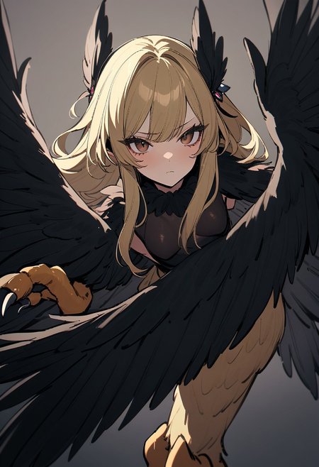 masterpiece, best quality, 32k, high resolution, absurdres, harpy, closed mouth, animal ears, small breasts, black feathers, brown eyes, black wings, sidelocks, hair ornament, blonde hair, claws