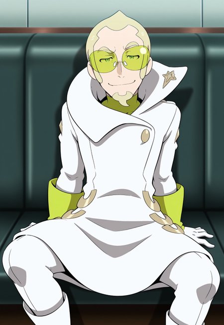 solo, masterpiece, modern, new, 1boy, male, masculine face, daddy looking face,

PokemonFaba, blonde hair, goatee, green glasses, white coat, boots, looking at viewer, smiling, sitting down, manspreading