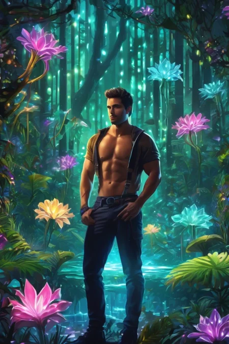 flvcil10 style <lora:style_10_pattern_heavy_l2-x_flvcil10_style:1>, man  standing, 
stripper, functional,
Enchanted forest and bioluminescent flora, 
high quality, masterpiece, highres,