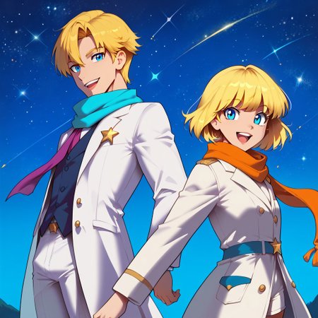 freerrystyle, 
score_9, score_8_up, score_7_up, score_6_up, masterpiece, best quality, amazing quality, best aesthetic, absurdres, intricate details, detailed face, source_anime, voyager_sa, blonde hair, blue eyes, white coat, white shorts, male focus, smile, multiple boys, star (sky), formal, sky, starry sky, star (symbol), short hair, looking at viewer, baggy clothes, long sleeves, scarf, floating, bangs, starry background, glowing, open mouth