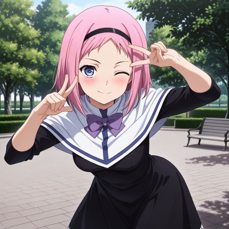 masterpiece , amazing , best quality , ultra detailed , 8k , high resolution , 1girl , solo , Kazumi_Schlierenzauer, medium breasts , black dress, white overtop, purple bow, cute face, one eye closed, smile, cute pose , standing , looking at viewer , park , blush