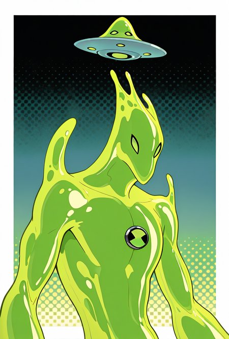 <lora:goop-09:1> goop, solo, no humans, male focus, green skin, pokemon (creature), slime (substance), translucent skin, floating small ufo on head, masterpiece, best quality, amazing quality, very aesthetic, absurdres, newest,, upper body, halftone effect, white borders, abstract background:1.2,