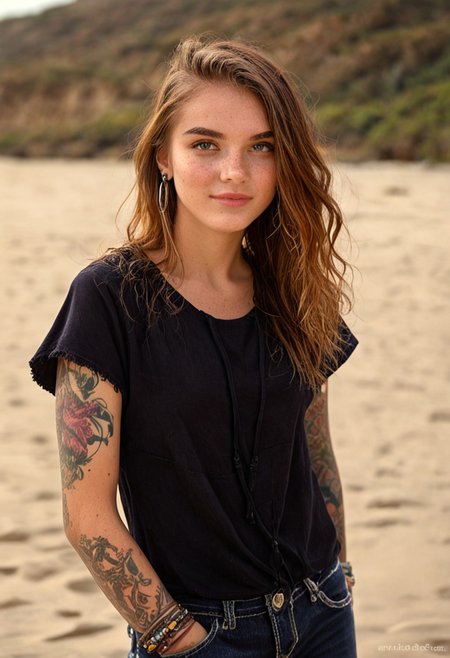 lily, 1girl, solo, rating_safe, beach, upper body, t shirt, jeans, arm tattoo, freckles, bracelet, earring