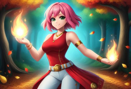Masterpiece, best quality , high resolution, vibrant colors, raibows, forests, clock style leaves , 1girl , green eyes , big eyes , sakura haruno , curvy, pink hair , short hair, red sleeveless  dress, white pants, gold belt , gold necklace, bracelets,  elbow protector,  haidband , medium chest size, sexy , smirk , siting pose , natural light and shadows, scenary , midnight , fire , 2.5d
