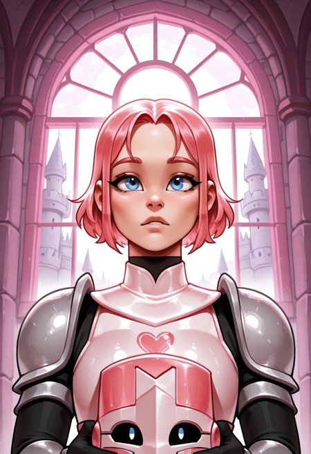Pink knight(character), pink armor,holding helmet,pink hair, short hair,blue eyes,Inside, in a castle, castle Window, solo,portrait,femboy