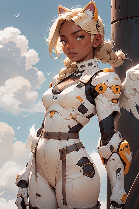 fportrait, african woman, cleavage, dark skin, cat girl, cat ears, tail, angel, braid, garter belt, dynamic pose, blonde, white outfit, clouds in background, white wings, android, cybersuit, exosuit, hardsuit, mechasuit, mecha  <lora:nijiarmor_v2:0.9>