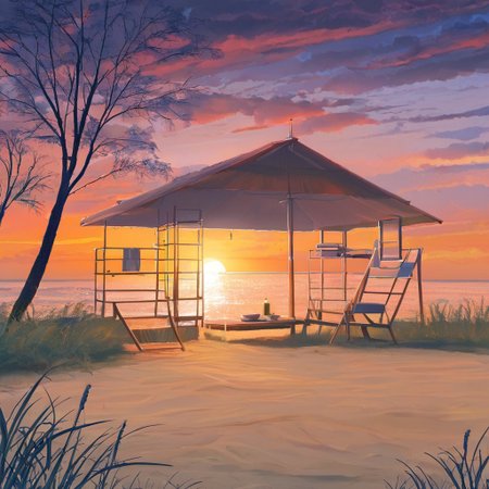 beautiful evening beach scene on the southern coast of Russia, stunning red sunset, vivid red and orange hues in the sky, soft warm light reflecting off the gentle waves, a few lush green birch trees to the side, golden sandy shore, scattered seashells glistening in the fading light, calming and serene atmosphere, soft breeze rustling through the leaves, distant seagulls flying over the horizon, small bonfire with warm glow illuminating the sand, cozy beach chairs and a surfboard leaning against a birch tree, a couple of lanterns casting soft shadows, gentle lapping of waves on the shore, romantic and inviting ambiance, painted in oil brushstrokes, highly detailed, vibrant colors, ultra-high-definition, cinematic composition, oil painting, impressionist style