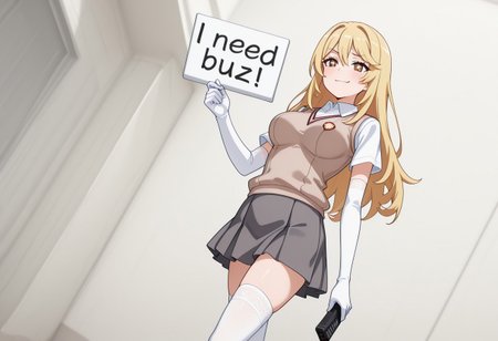 (masterpiece, best quality, newest, absurdres, highres, highly detailed) Shokuho Misaki holding a sign and pointing a remote at the camera, (remote control), need_buzz, holding sign, smug expression, dominatrix, long hair,blonde hair,sidelocks,hair between eyes,parted bangs,brown eyes,((sparkling eyes)), tokiwadai school uniform,brown sweater vest,white shirt,collared shirt,short sleeves,elbow gloves,white gloves,large breasts,miniskirt,grey skirt,pleated skirt,zettai ryouiki,white lace thighhighs,loafers