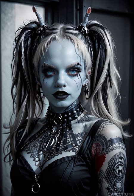 score_9, score_8_up, score_7_up, BREAK
Aesthetic: ((goth, dark, macabre, subculture, fashion, music):1.4) BREAK,
lighting: Chiaroscuro Lighting Style, detailed, clean, urban scenery, ink BREAK
Quality: intricate, highly detailed, sharp focus, realistic, 8k BREAK
Appearance: (22 years old), andorian girl, blue eyes, detailed eyes, big eyes, perfect eyes, twintails, white hair, violet highlights, BREAK
(good quality:0.996), BREAK