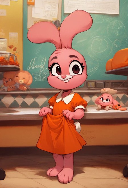 score_9, score_8_up, score_7_up, score_6_up,  BREAK rating_safe, , anais_watterson, female, furry, anthro, 1girl, furry female, solo, clothing, dress, (detailed background: School cafeteria), orange dress, clothed, stuffed animal, full body, lift dress, standing, holding, buck teeth, Expressiveh, extremely_bright, cute, cub