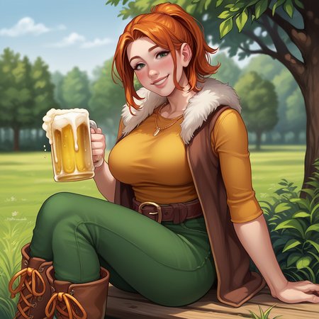 score_9, score_8_up, score_7_up, score_6_up, score_5_up, score_4_up, zPDXL2,source_anime,rating_questionable,  <lora:Robin_SDV_-_V2:0.8> Robin_SDV,1girl, solo, outdoors, green eyes, orange hair, ponytail, close up, looking at viewer, smile, yellow turtle neck, brown vest, fur trim, alcohol, grass, holding cup,  bralines, day, blush, taut clothes, tree, teeth, nose,  necklace, brown belt, sitting, looking at viewer, green pants, large breasts, beer mug, jewelry, lips, outdoors, smile, boots