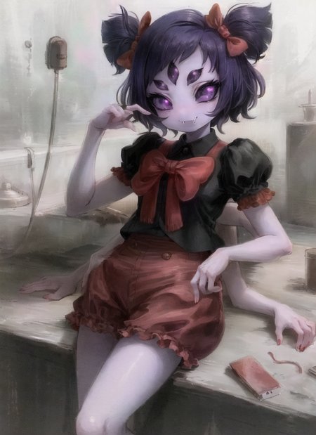 ((best quality)), ((highly detailed)), masterpiece, ((official art)), (detailed eyes, deep eyes), (1girl:1.33, solo), <lora:muffetUndertale_v3:1>, Muffet, muffetwear, 5 eyes, spider girl, (6 arms), detailed hands, ((fangs)), purple eyes, ((purple colored skin:1)), pigtails, :)