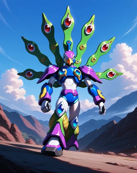 <lora:Cyber_Peacock_(Mega_Man_X)_(Illustrious)_(AD):1> Cyber Peacock, reploid, MMX, 
exterior, blue sky with clouds,
male focus, intense shadows, dynamic shadows, intricate details, attention to details, gradient coloring, bright vivid colors, robot, beak, sexy smile, half closed eyes, seductive walk, 
BREAK very awa, masterpiece, best quality, amazing quality, very aesthetic, highres, absurdres, 
EZRealPONYXL, zPDXL, Smooth Quality, lazynsfw,