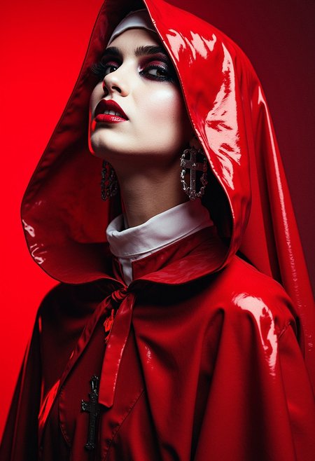 A high-quality highly dynamic photograph featuring a woman with a pale complexion, adorned in a glossy red hooded cloak, reminiscent of a nun's habit. Her makeup is striking, with bold red lipstick and dark, dramatic eye makeup. She wears a silver cross earring. The background is a deep red, matching the cloak, creating a striking, intense visual effect. The image has a very high aesthetic quality, with dramatic lighting that accentuates her facial features and the sheen of the cloak.