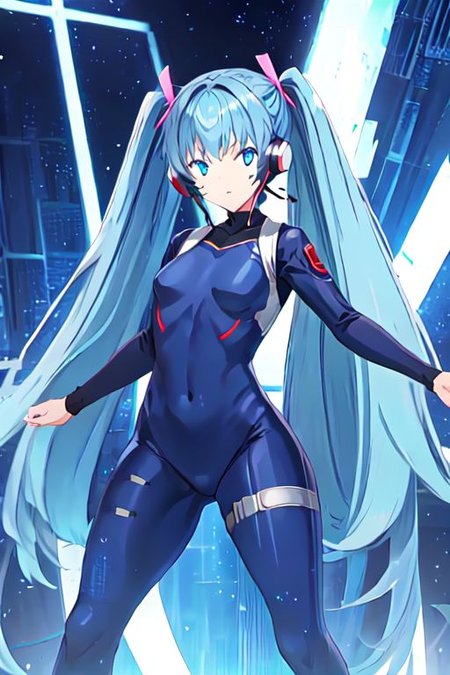 solo, 1girl, solo_focus, 
hermit mio, long hair, blue eyes, twintails, very long hair, blue hair, facial mark,, headphones, gloves, bodysuit, covered navel, pilot suit,