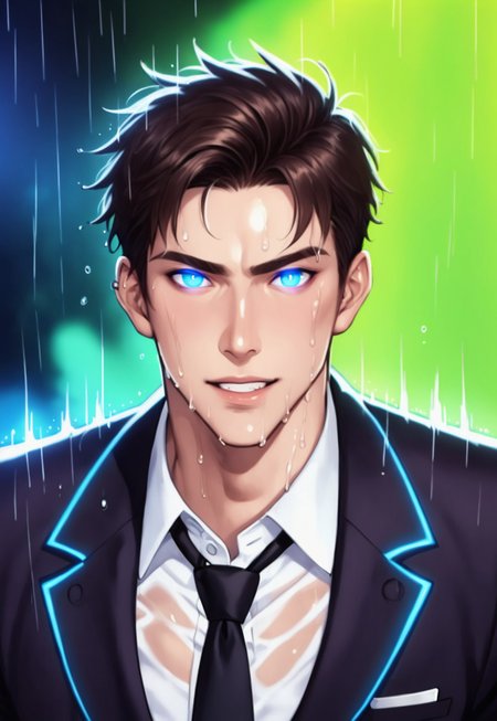 score_9, score_8_up, score_7_up, 

1boy, A dark-haired male protagonist with an intense, confident smirk, in the rain, under a stormy sky. Blue eyes, piercing blue eyes, glowing eye, ominously glowing eye, partially obscured by deep shadows across his face. black suit, partially unbuttoned, revealing a white shirt, griping loosened black tie, black tie, loose black tie, dark energy, dark energy swirl around him, powerful, mystery, antihero, 
Rain, dramatic, motion, dynamic scene, wet skin, wet clothes, calm expression, deadly, enigmatic aura.

blurred background, blurry background, stormy environment, dominant, isolation, strong, confident,

emerging from the darkness, perfect quality, high quality, photorealistic, sitting BREAK orange and blue hue, (abstract:0.2), 