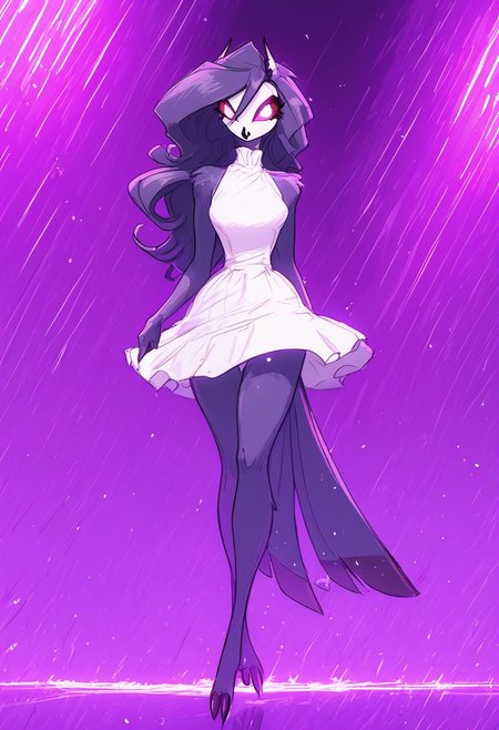 score_9, score_8_up, score_7_up, score_6_up, 1girl, solo, octavia, octavia, avian bird demon owl owl_demon, beak, red sclera, from hellova boss, anthro furry, long hair, nightclub outfit, tight white dress, perfect face, perfecteyes, sexy, sexy girl, beautiful eyes,  dancing, dynamic angle, full body shot, red eyes, glowing eyes, pop star, , neon lights, glowing lights, jjco